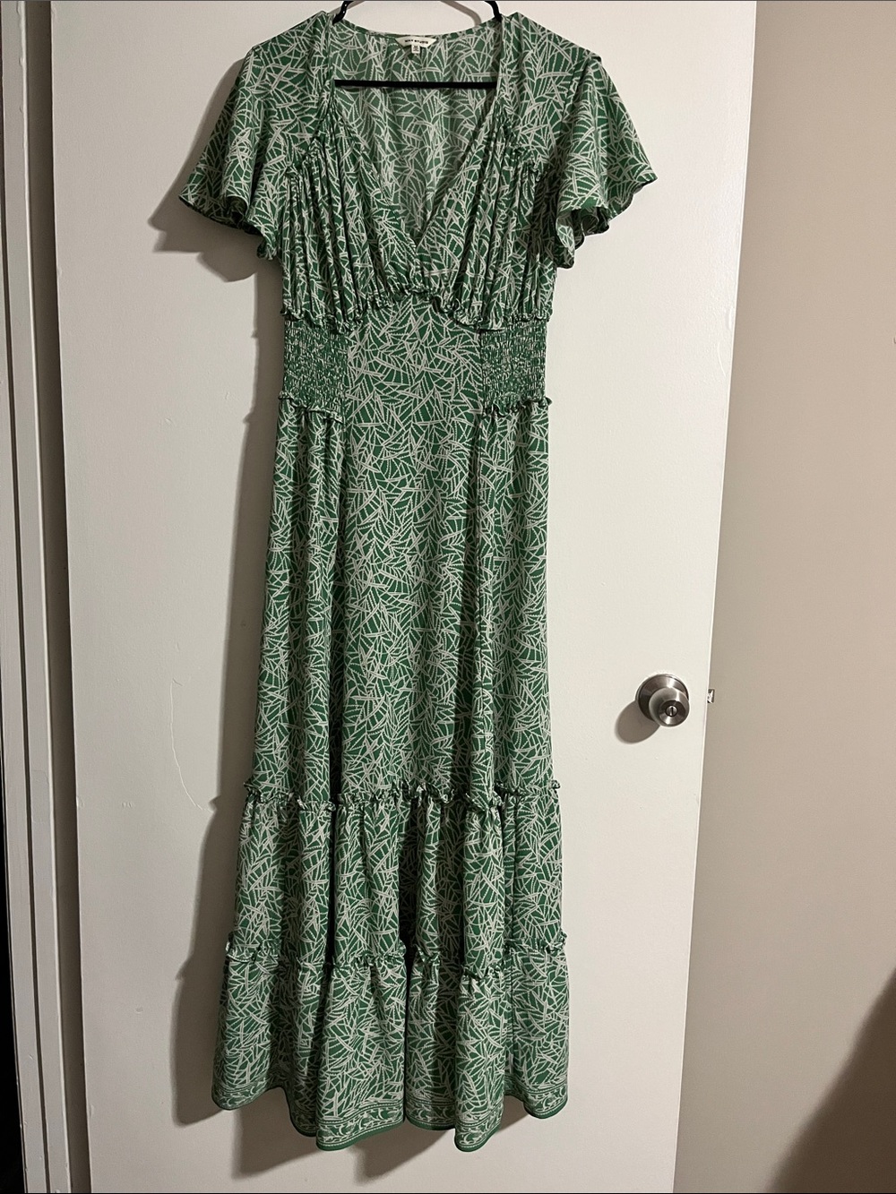 Max Studio Sage Green Printed V-Neck Smocked Maxi Dress